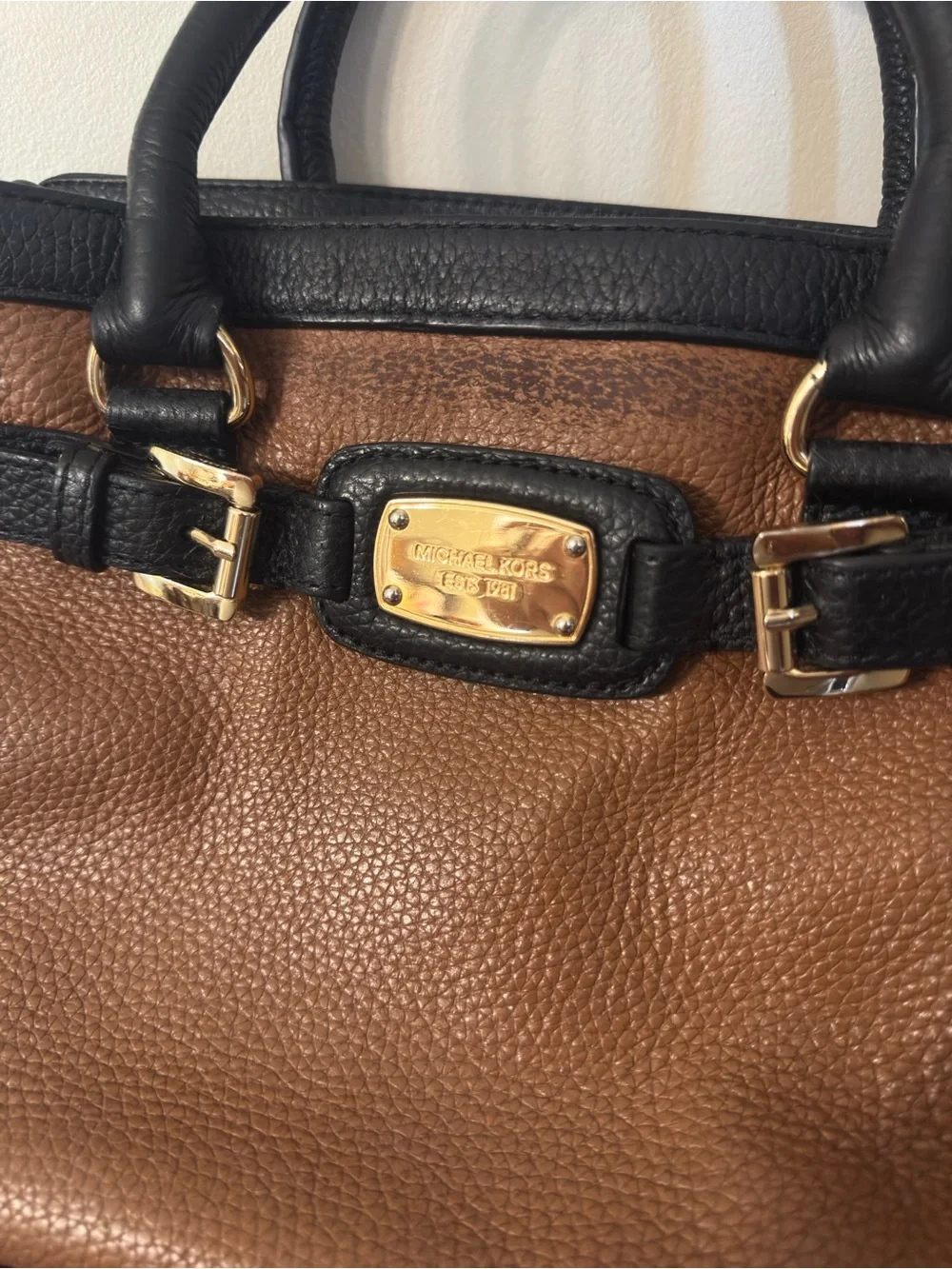 Vintage Michael Kors Black & Brown Pebbled Leather Messenger Satchel